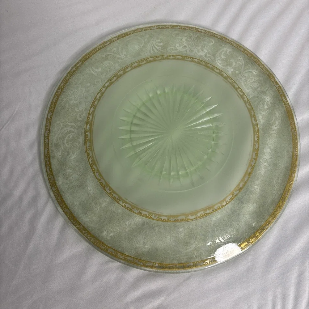 Uranium Starburst Antique Green Glass Etched Gilded Plate